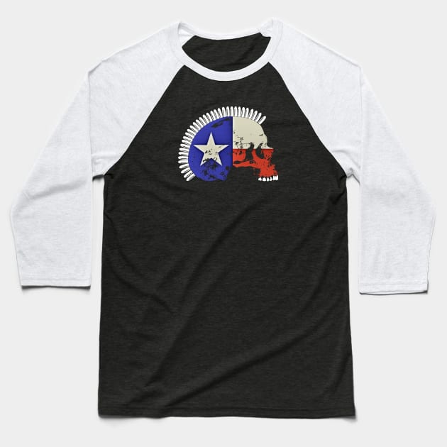 Skull with Texas Flag and Bullet Mohawk Baseball T-Shirt by RawSunArt